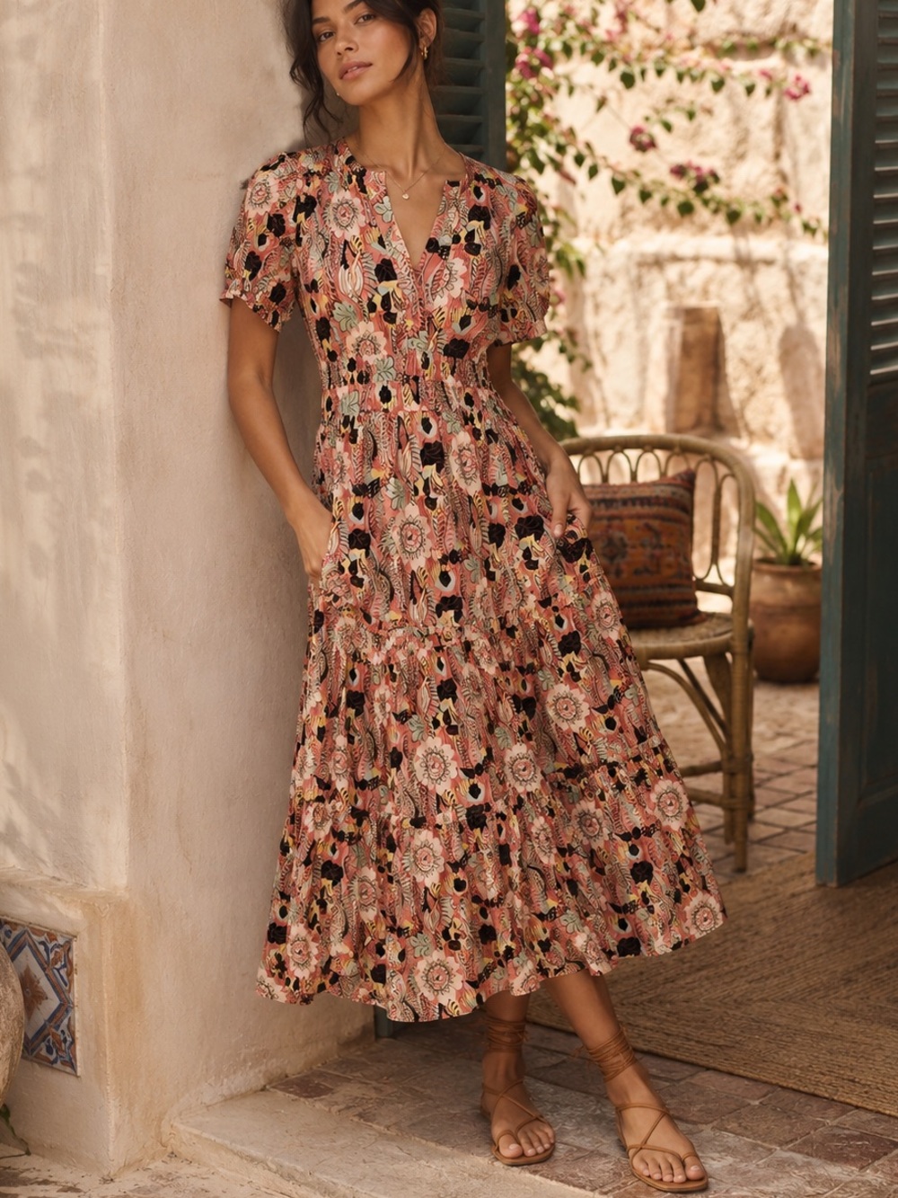 Anthropologie Maeve Floral Tiered Prairie Midi Dress 100% Cotton Boho XS P - Picture 3 of 10